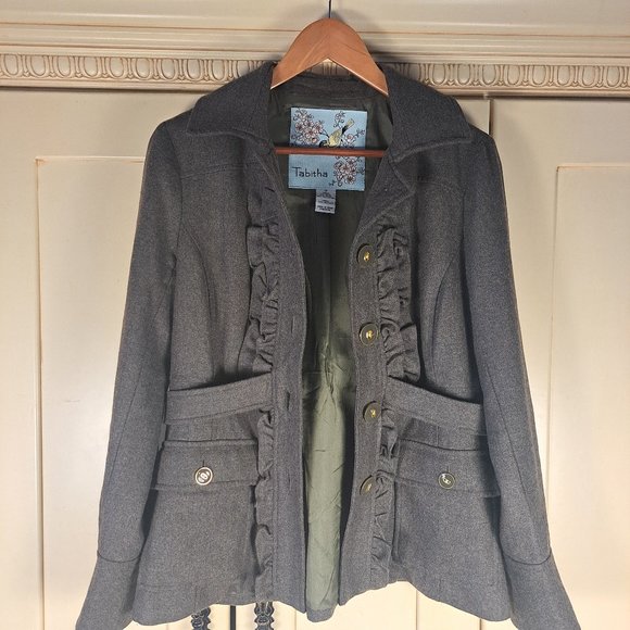 Tabitha Anthropologie Women's Olive Green Ruffle Military Wool Blend Coat Sz 10 - Picture 4 of 10